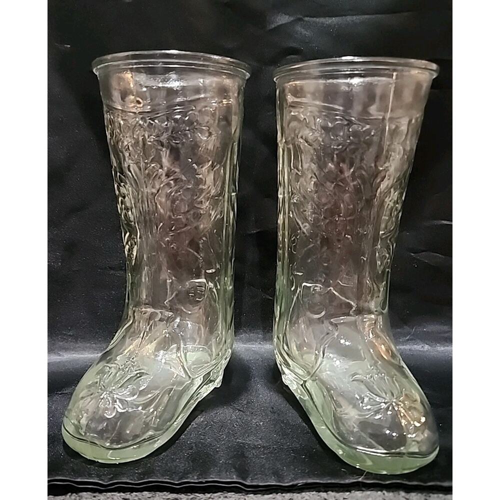 Set Of 2 Vntg Clear Glass Cowboy Boots Vase/mug 7.5" Tall